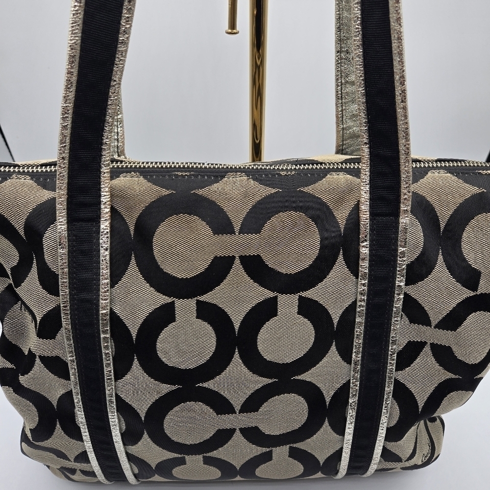 COACH Poppy Canvas Tote Black Op C Print Purple Lining Large Sequence Tag - Picture 9 of 14